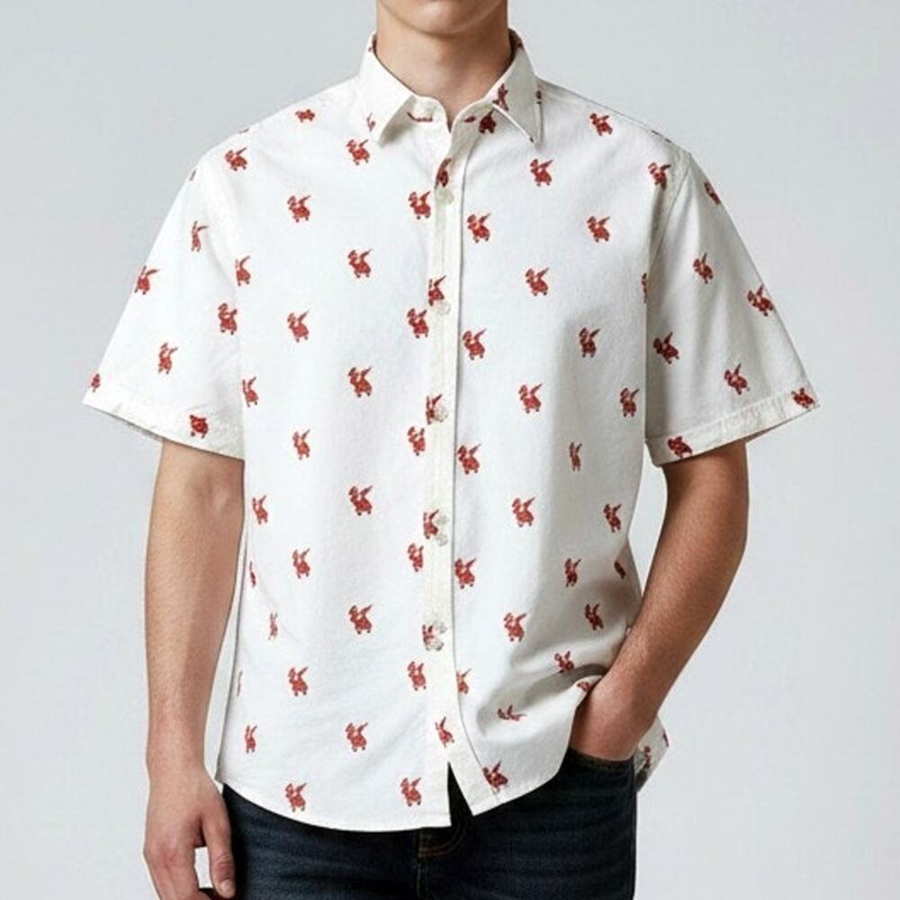 Denim & Flower Santa Dabbing Holiday Short Sleeve Button Down Shirt Men's Size M